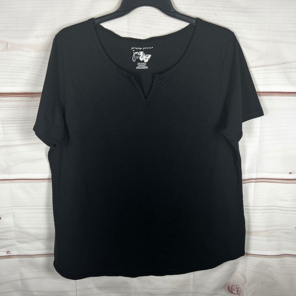 Just My Size V-Neck T-Shirt Womens 3X Black Solid Short Sleeve Split Neck Tee